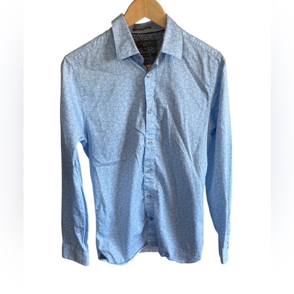 Ted Baker London Men Fara Blue Flower Jacquard Slim Shirt size 15 Italian Fabric